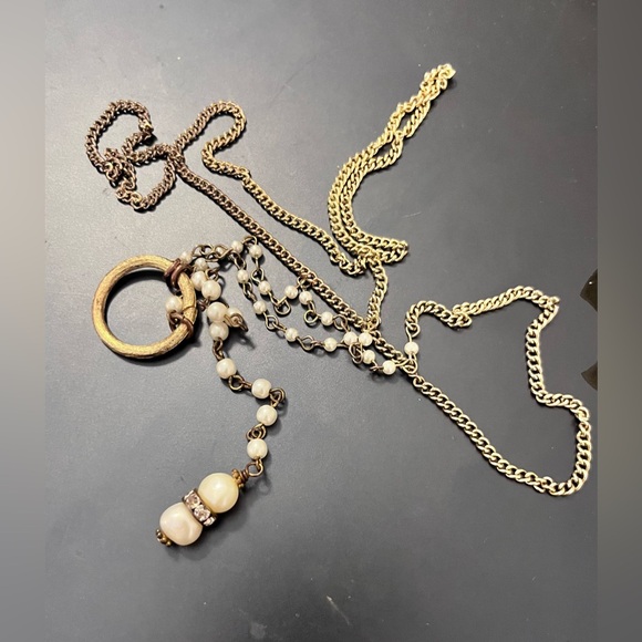Vintage Gold-Tone & Cream Necklace with Faux Pearls Circular Lavalier - Picture 1 of 10